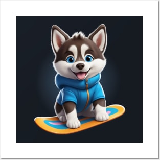 Cute Snowboarding Husky Puppy Posters and Art